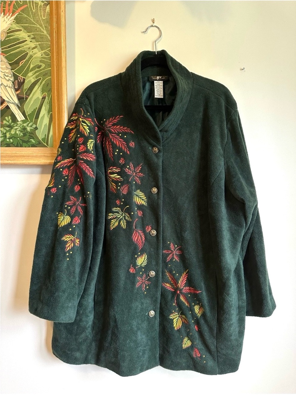 Bob Mackie Leaf Embroidered Fleece Button Down Coat Womens 3X Green